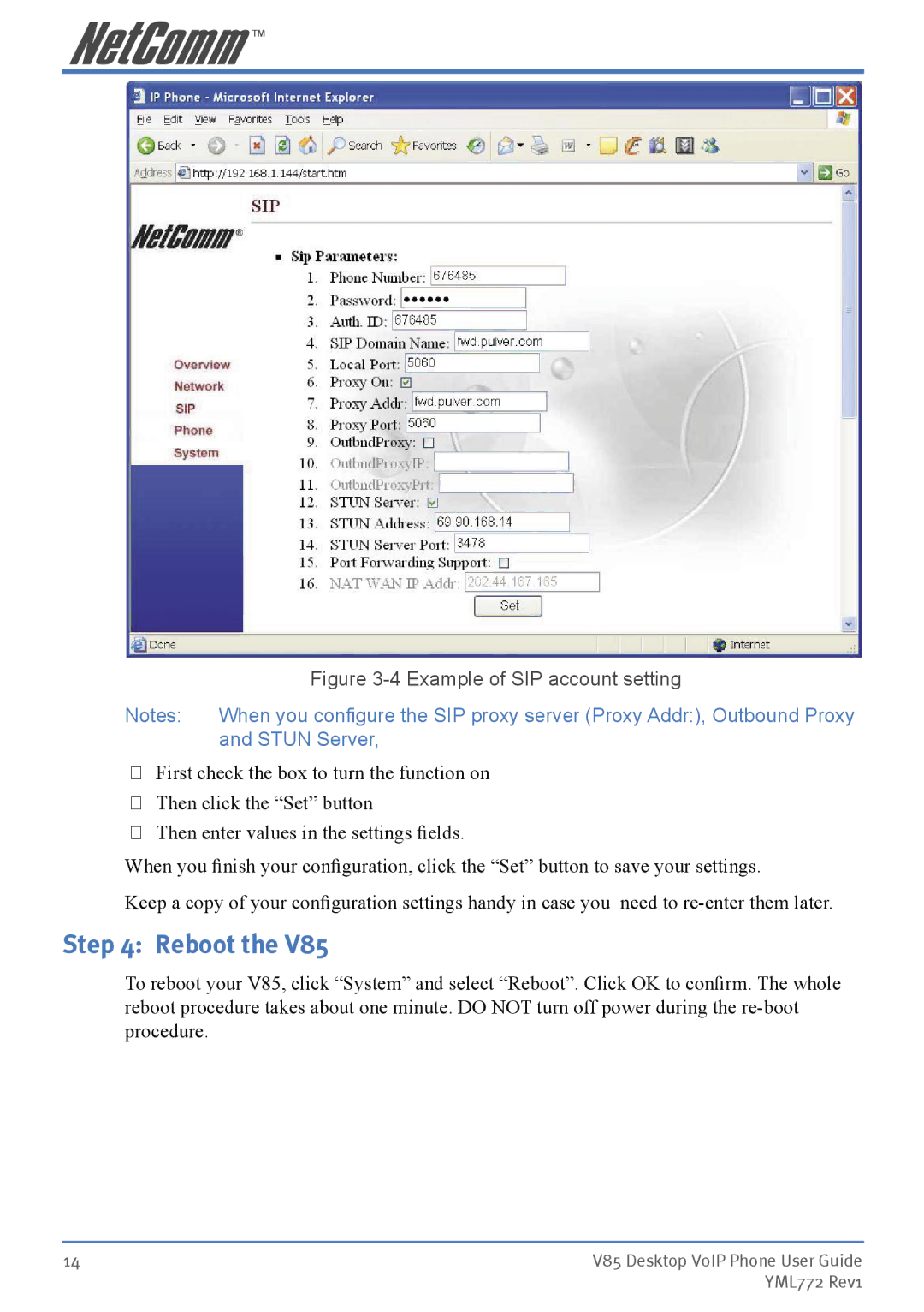 NetComm V85 manual Reboot, Stun Server 