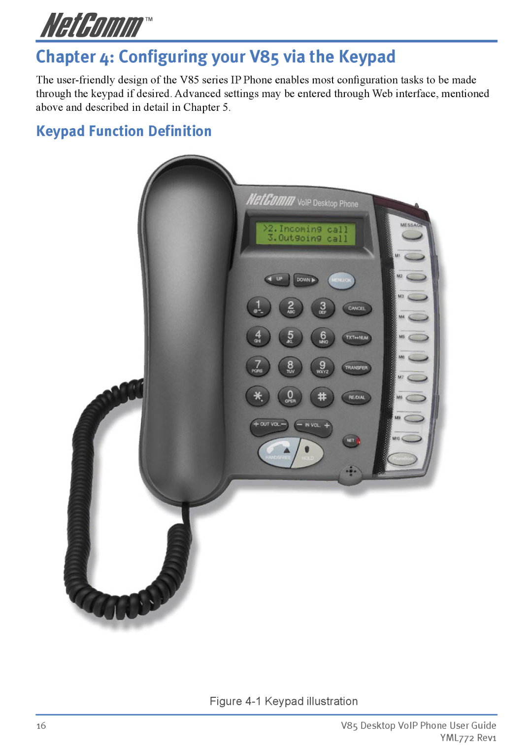 NetComm manual Configuring your V85 via the Keypad, Keypad Function Definition 