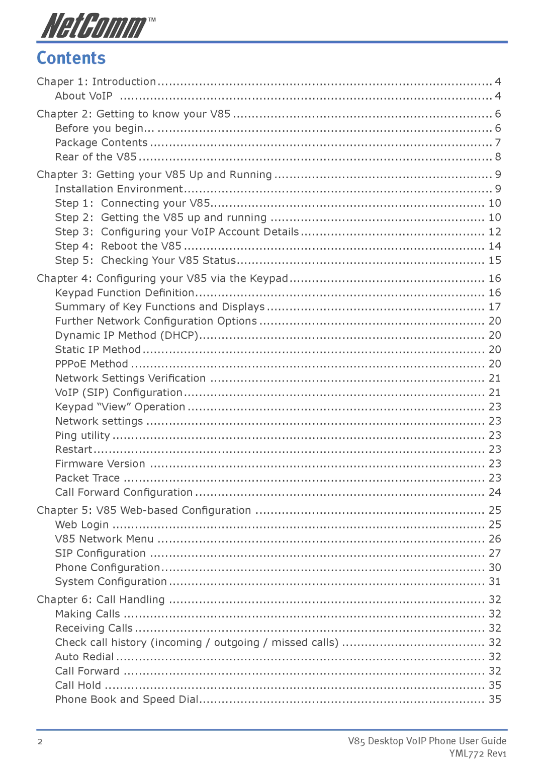 NetComm V85 manual Contents 