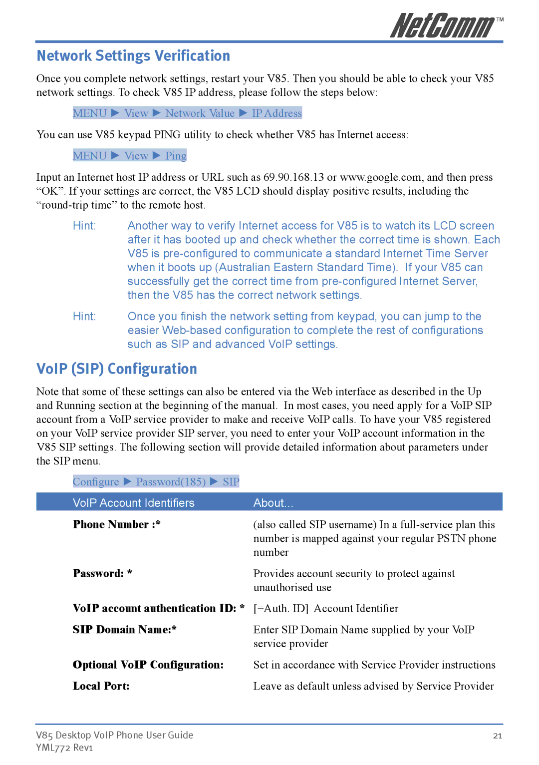 NetComm V85 manual Network Settings Verification, VoIP SIP Configuration, Optional VoIP Configuration 