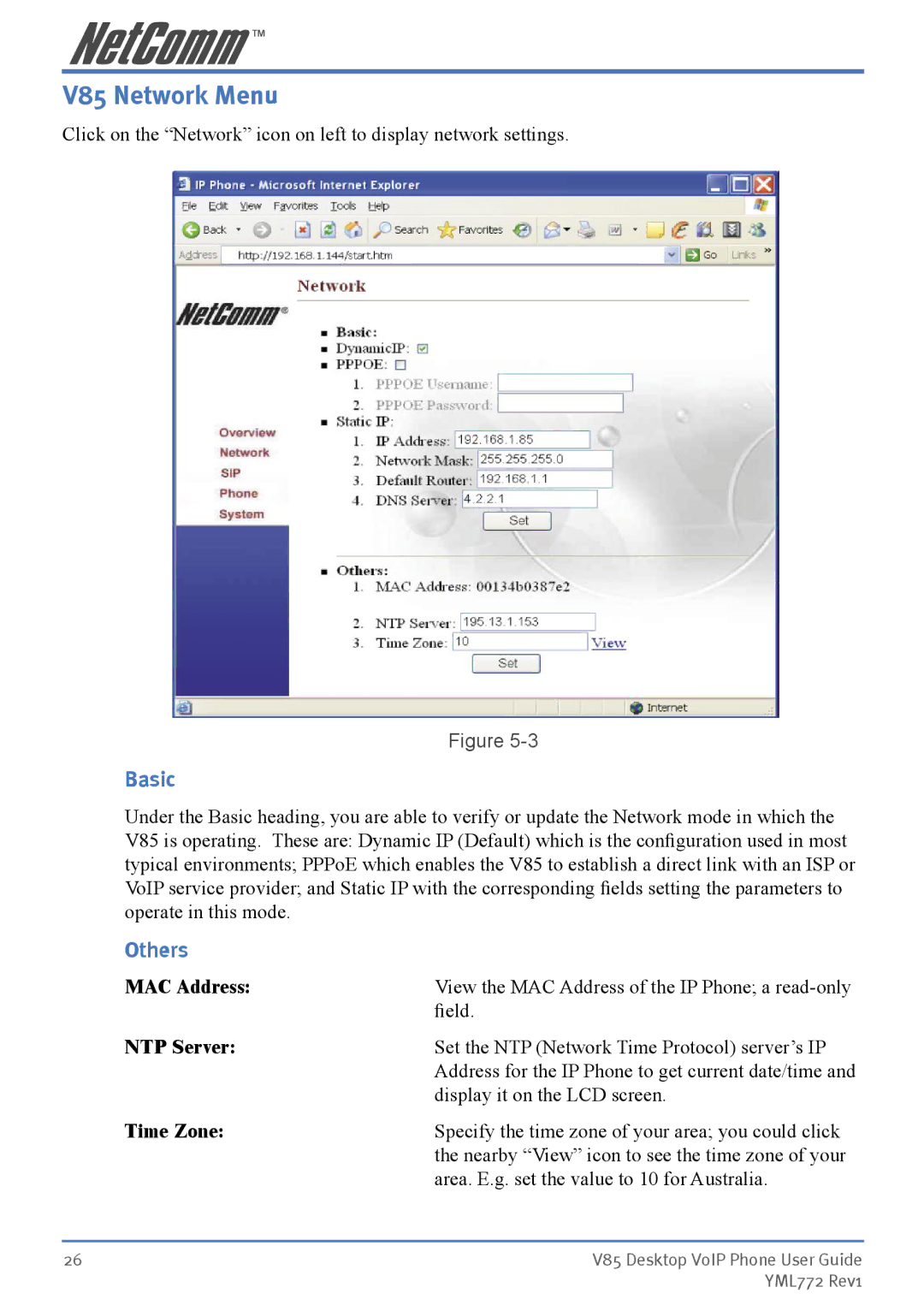 NetComm manual V85 Network Menu, Basic, Others 