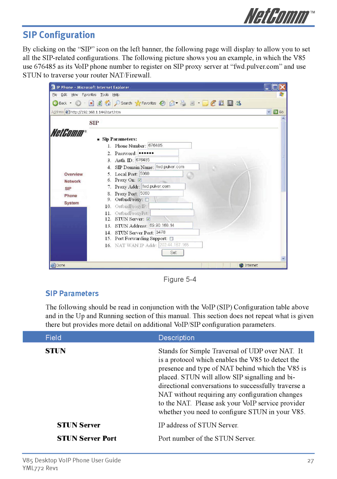 NetComm V85 manual SIP Configuration, SIP Parameters, Stun 