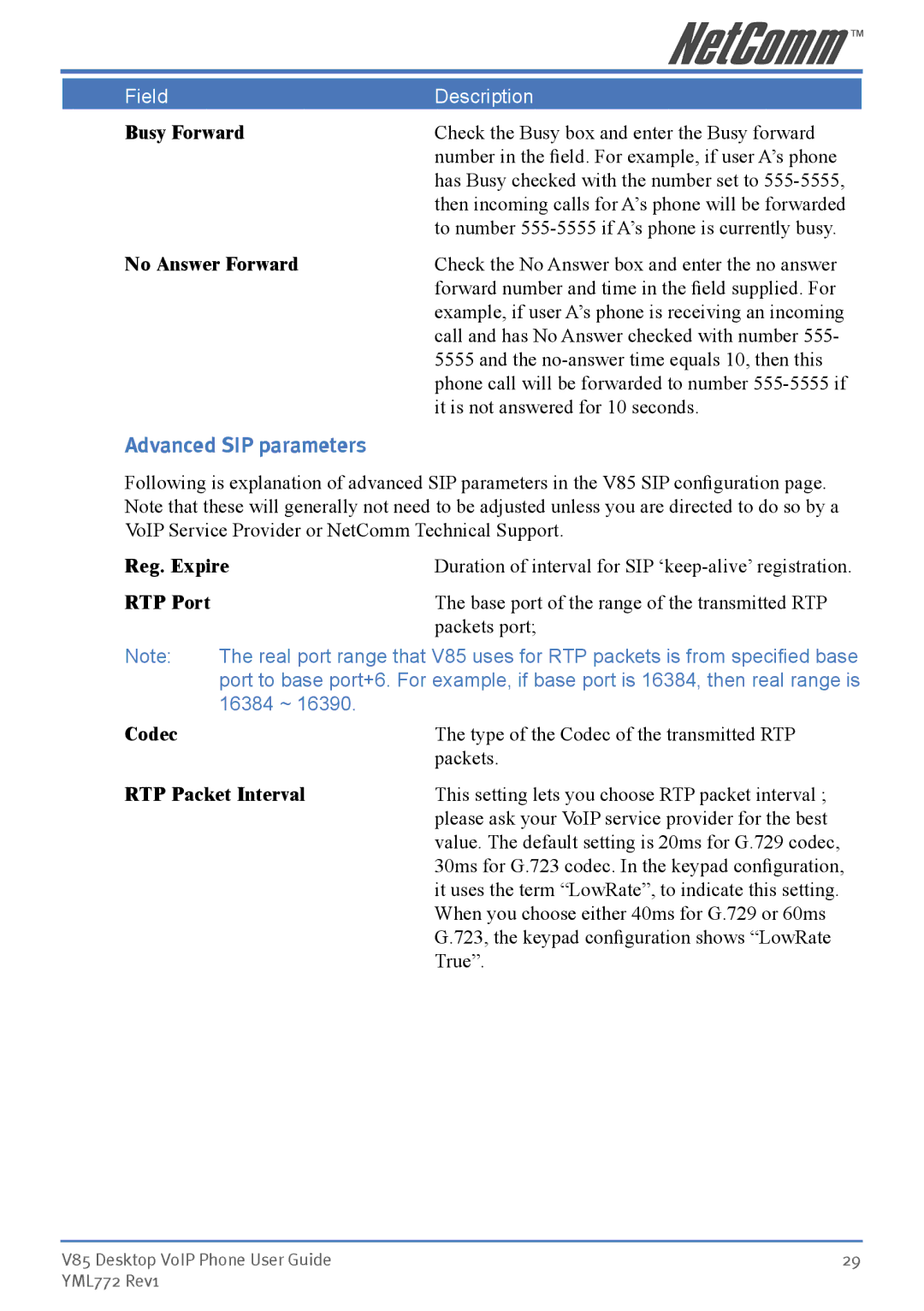 NetComm V85 manual Advanced SIP parameters 