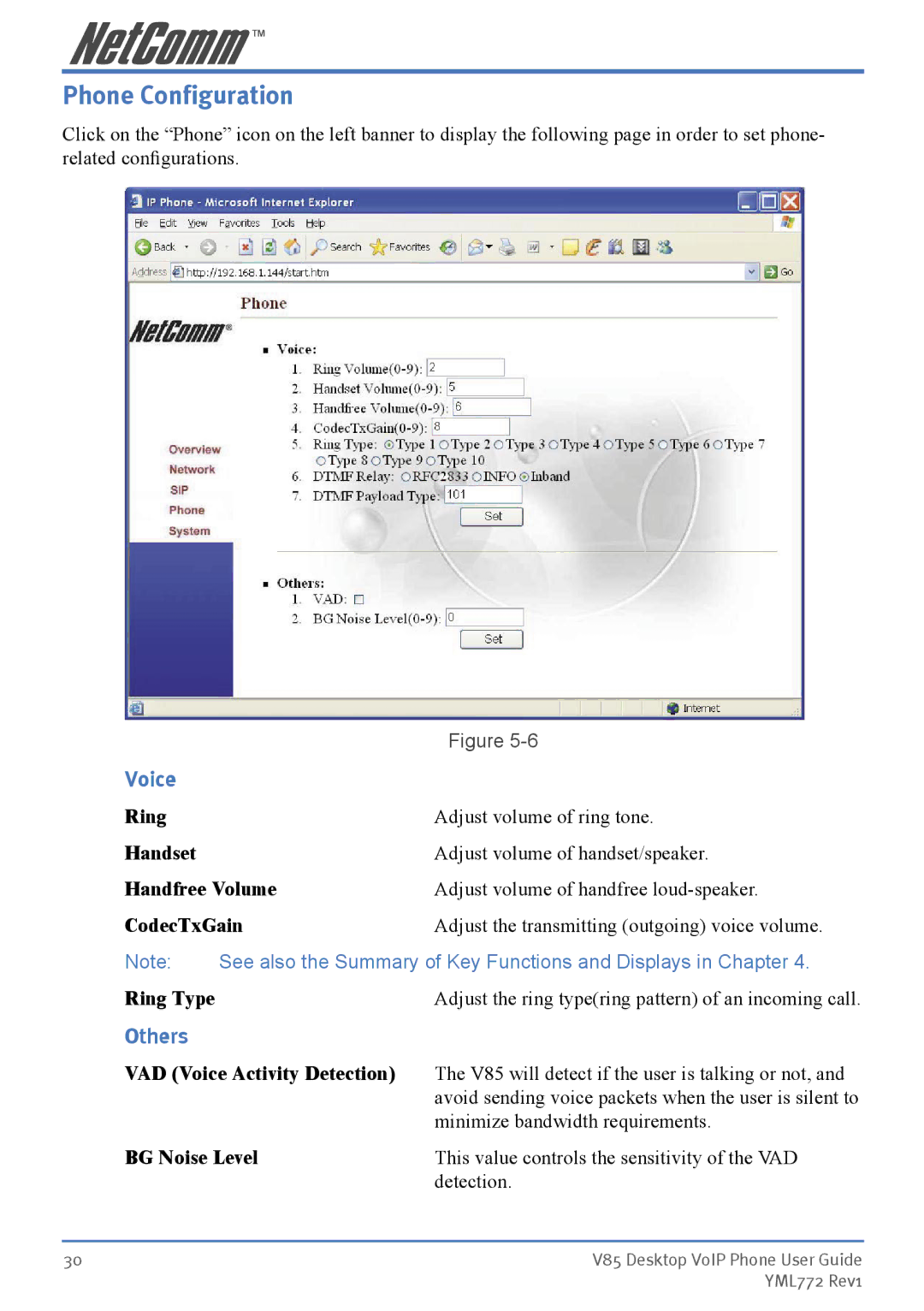 NetComm V85 manual Phone Configuration, Voice 