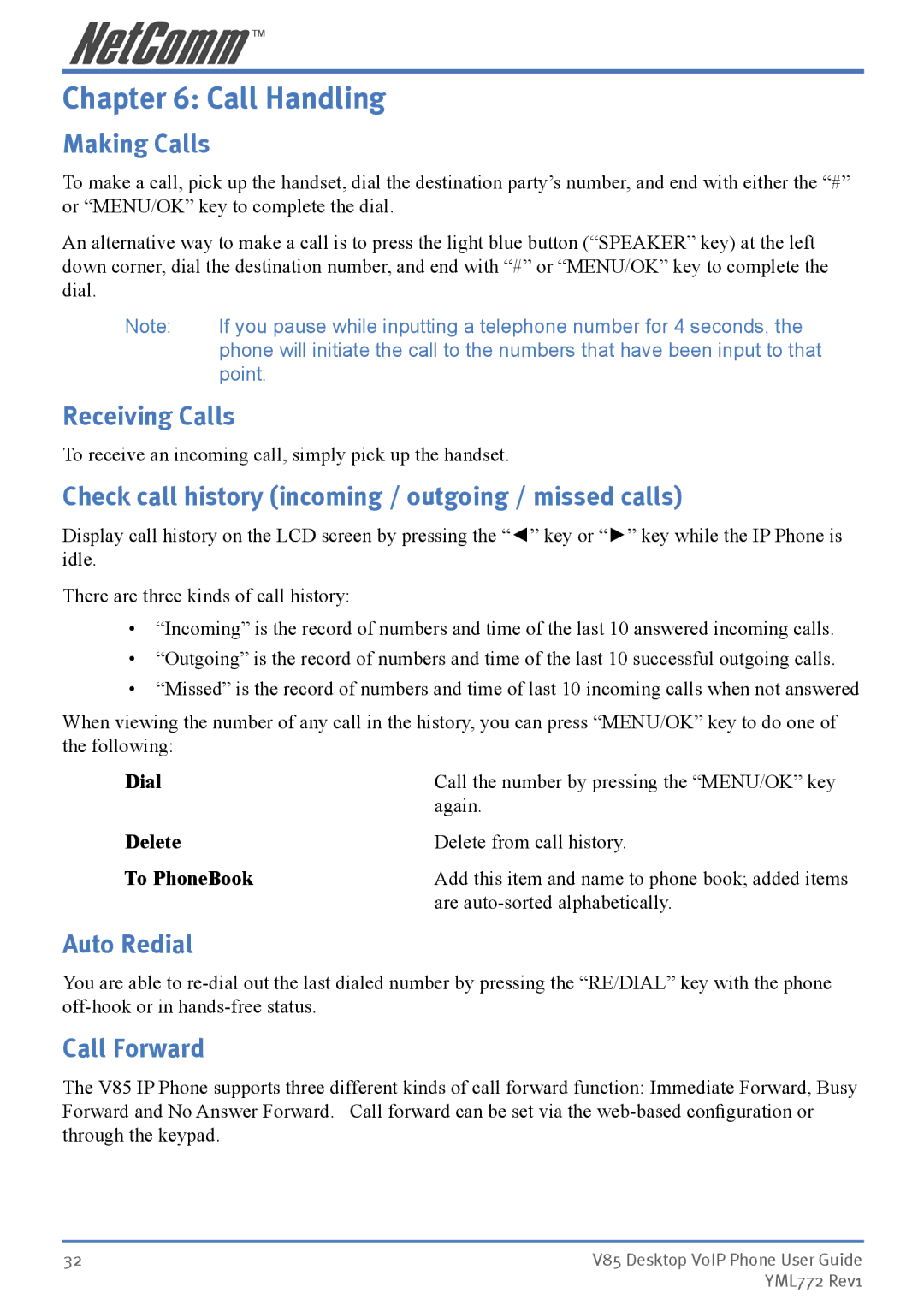 NetComm V85 manual Call Handling 