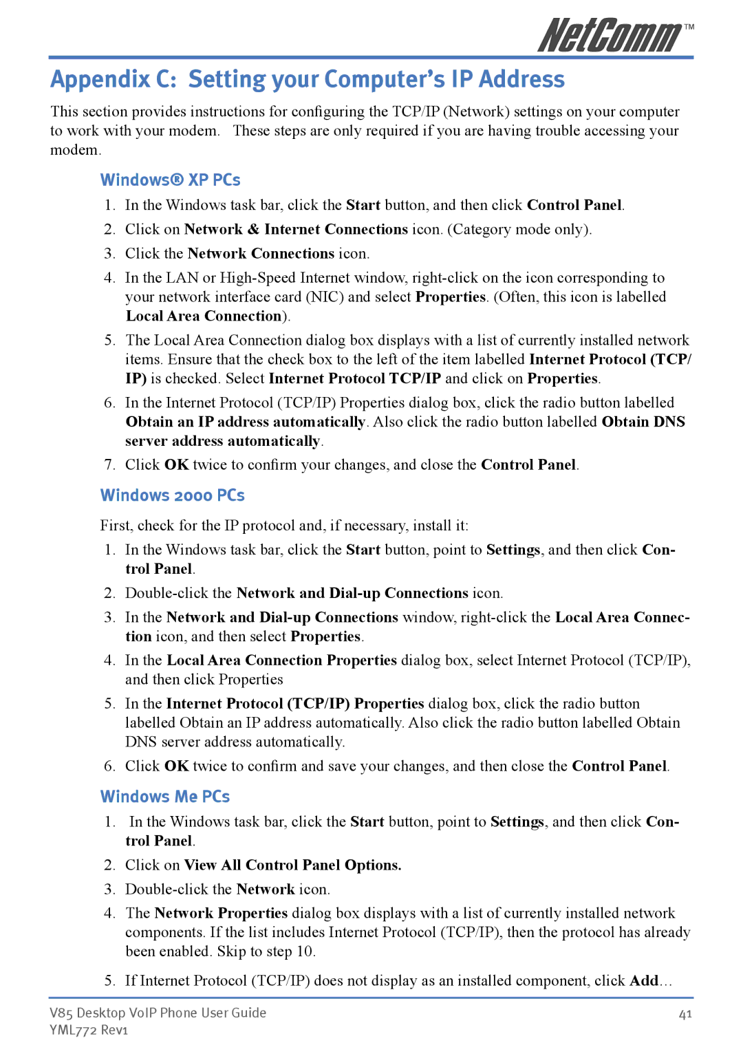 NetComm V85 manual Appendix C Setting your Computer’s IP Address, Windows XP PCs, Windows 2000 PCs, Windows Me PCs 