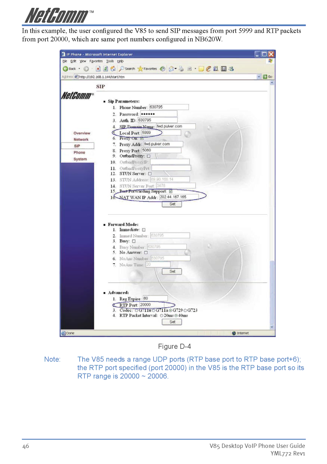 NetComm V85 manual RTP range is 20000 ~ 