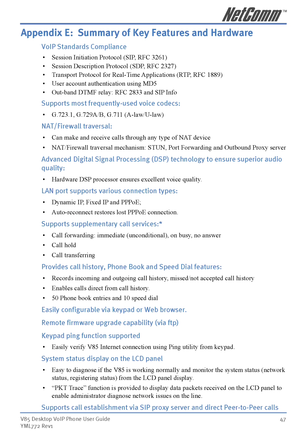 NetComm V85 manual Appendix E Summary of Key Features and Hardware, VoIP Standards Compliance 