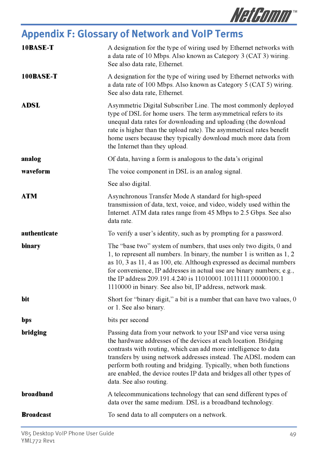 NetComm V85 manual Appendix F Glossary of Network and VoIP Terms, 10BASE-T, 100BASE-T, Adsl, Atm 