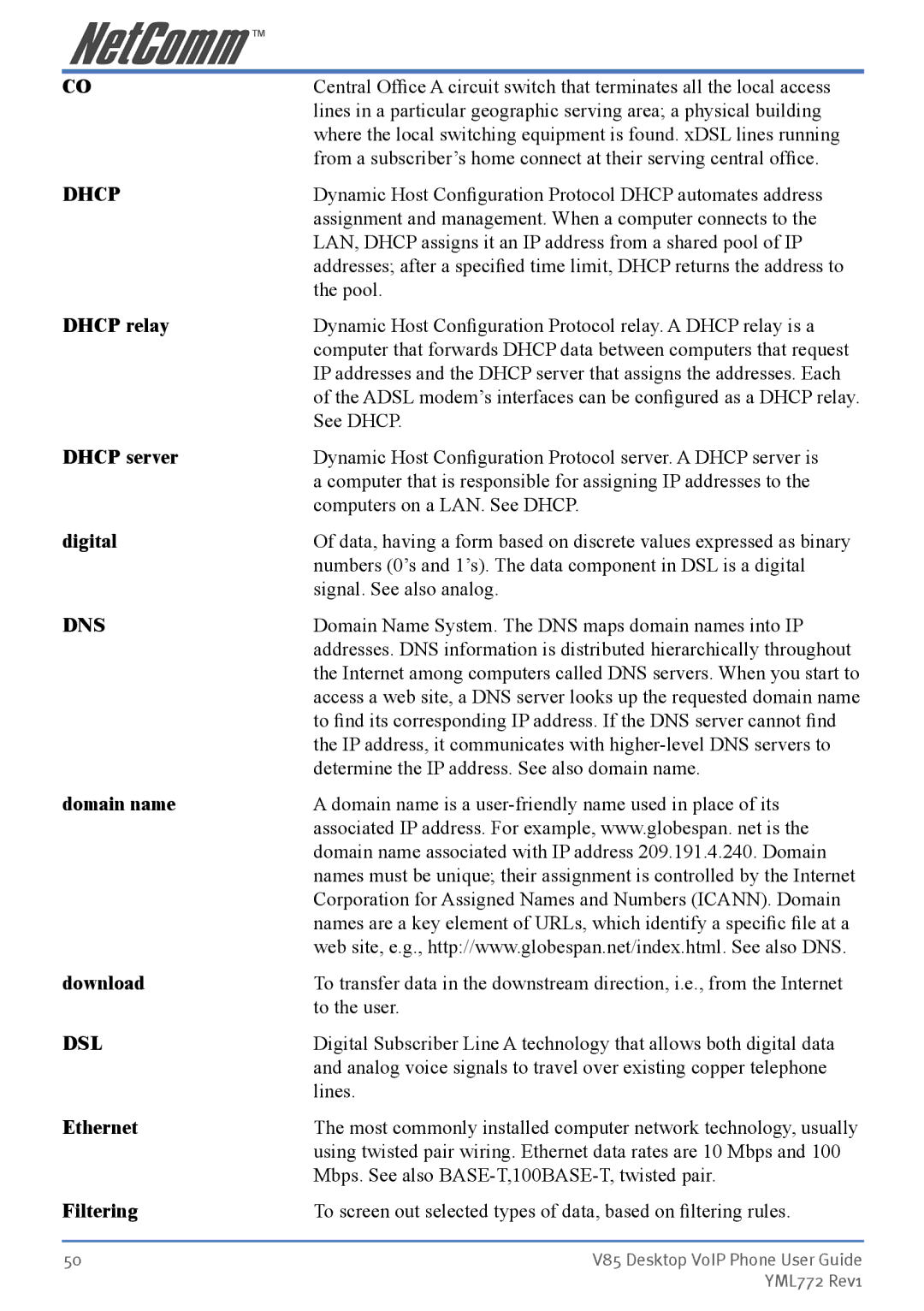 NetComm V85 manual Dhcp, Dns, Dsl 