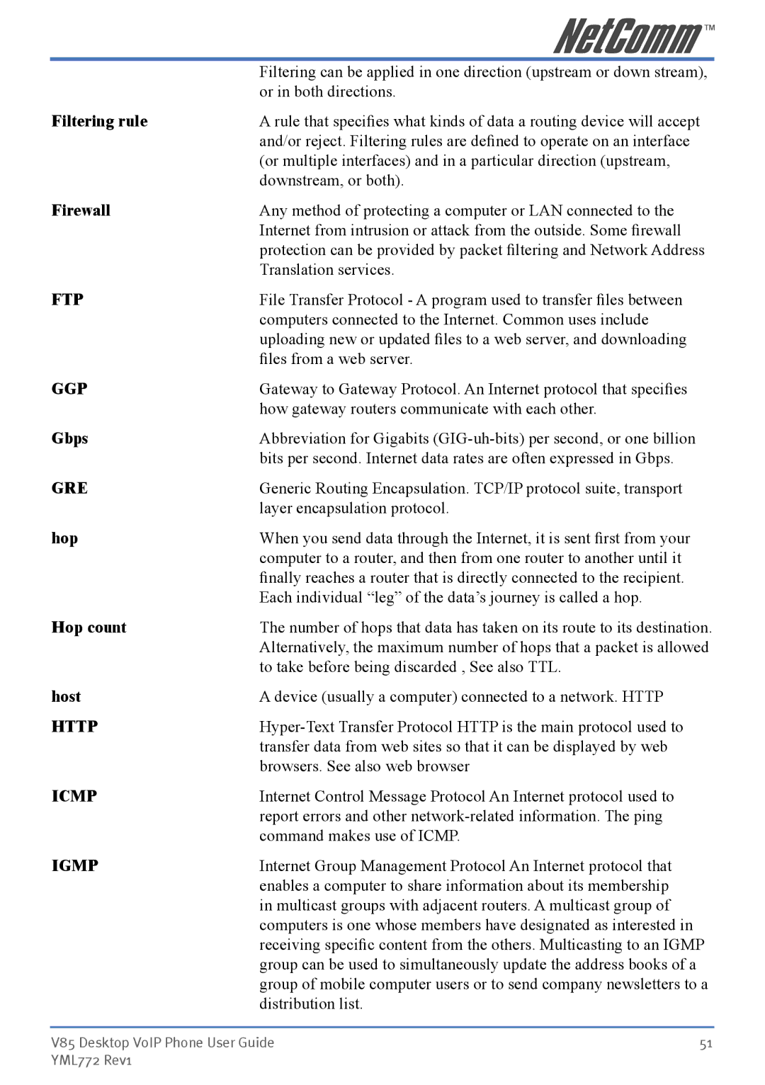 NetComm V85 manual Ftp, Ggp, Gre, Http, Icmp, Igmp 