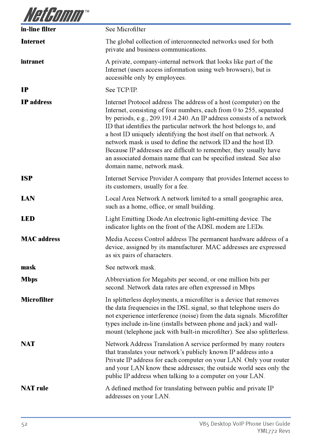 NetComm V85 manual Isp, Lan, Led, Nat 