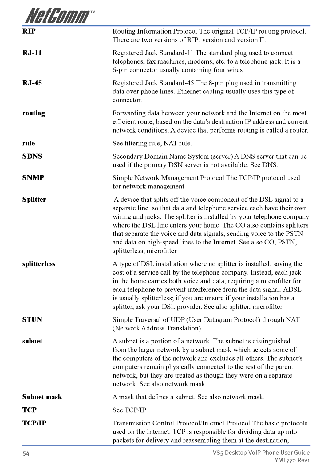 NetComm V85 manual Rip, Sdns, Snmp, Tcp/Ip 