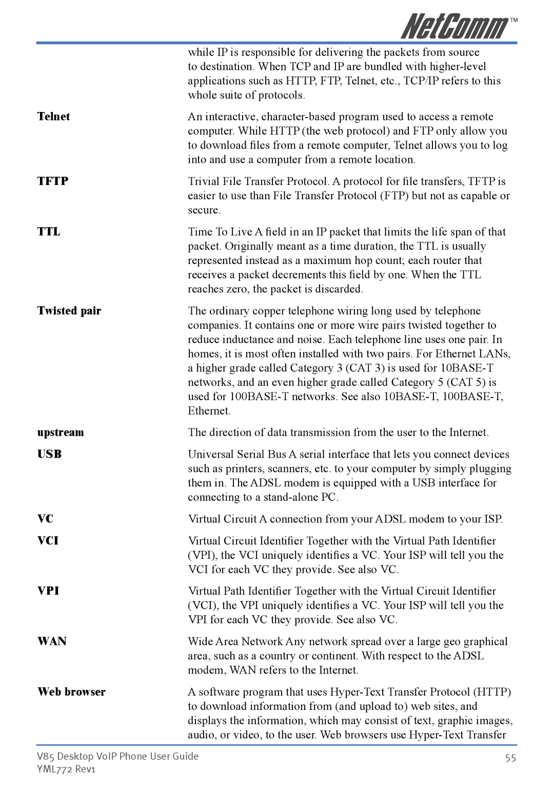 NetComm V85 manual Tftp, Ttl, Usb, Vci, Vpi, Wan 