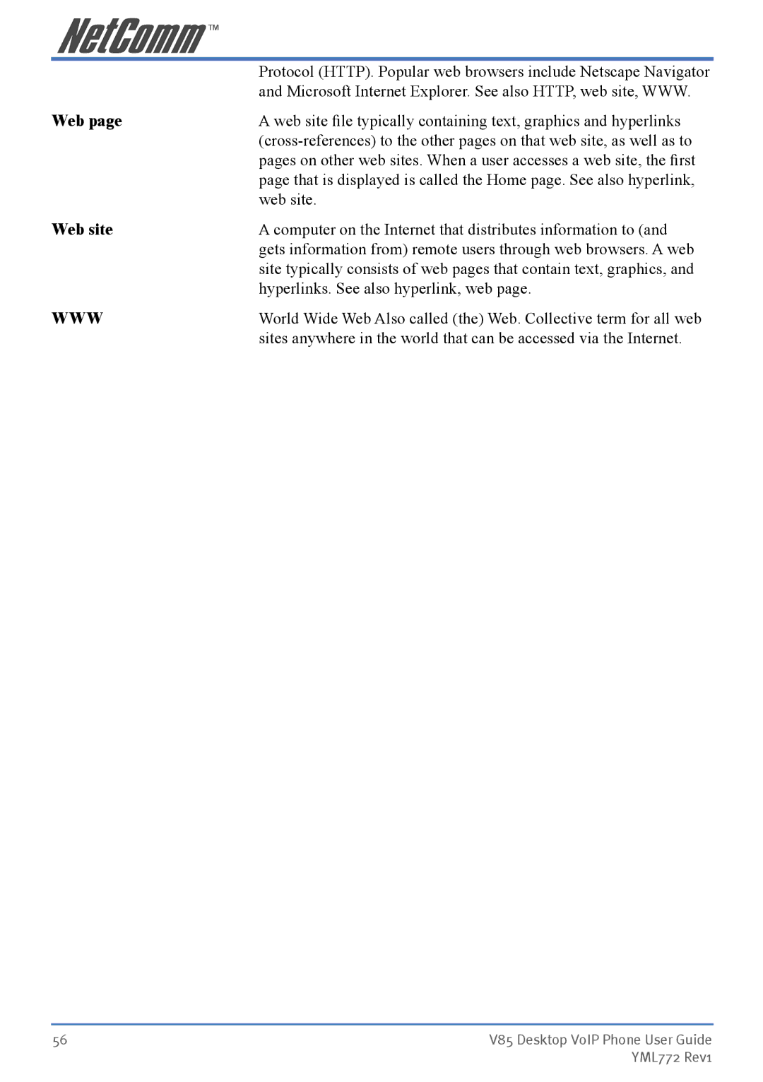NetComm V85 manual Web site, Www 