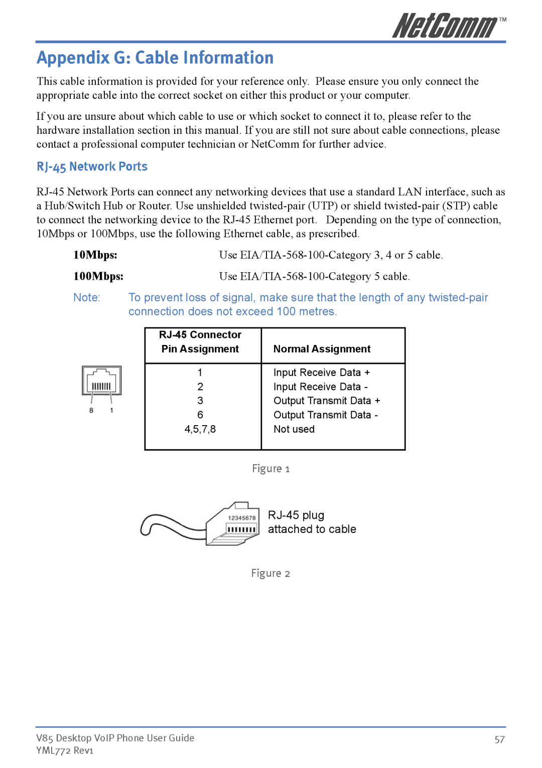 NetComm V85 manual Appendix G Cable Information, RJ-45 Network Ports, 10Mbps, 100Mbps 