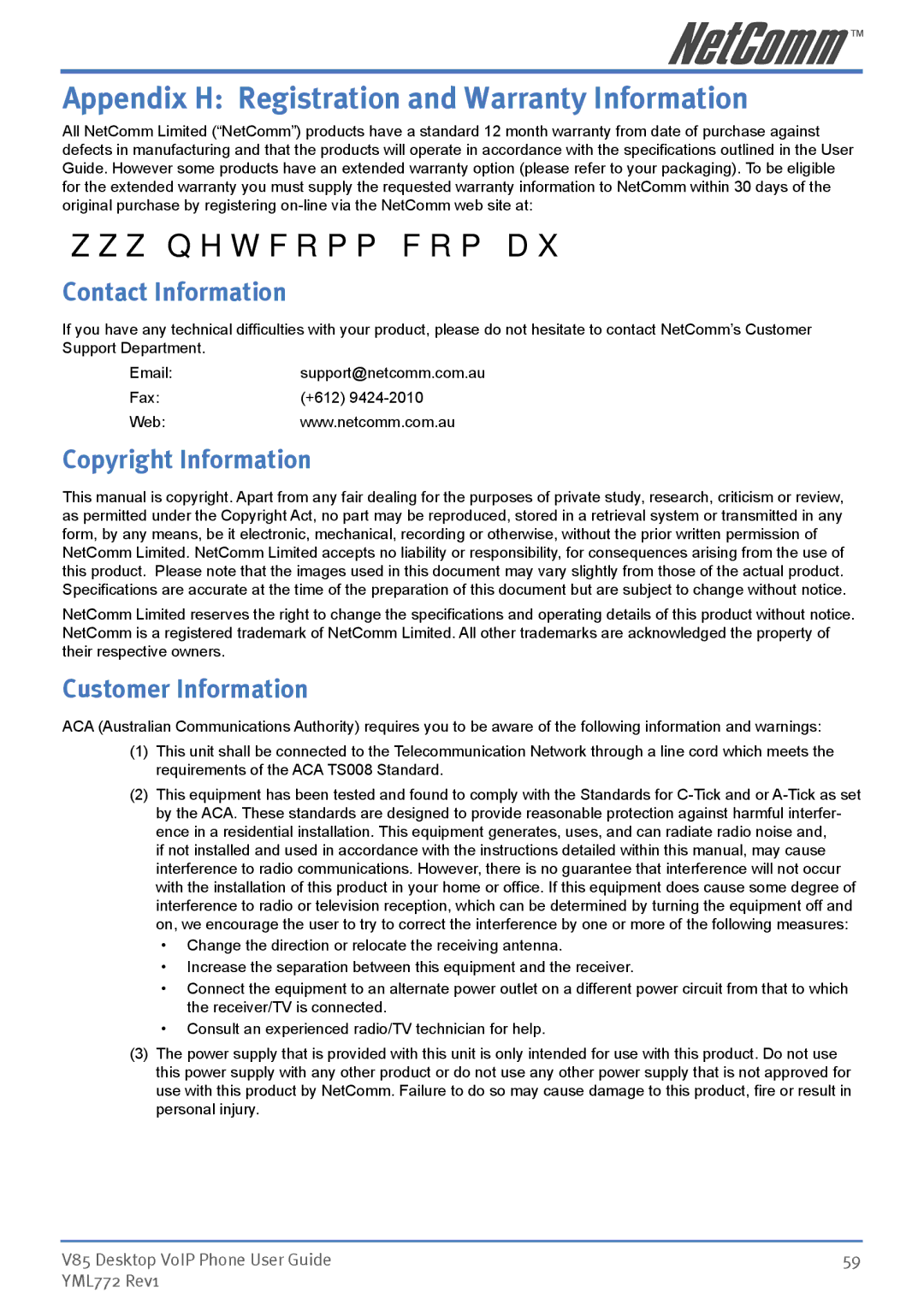 NetComm V85 manual Appendix H Registration and Warranty Information, Contact Information, Copyright Information 