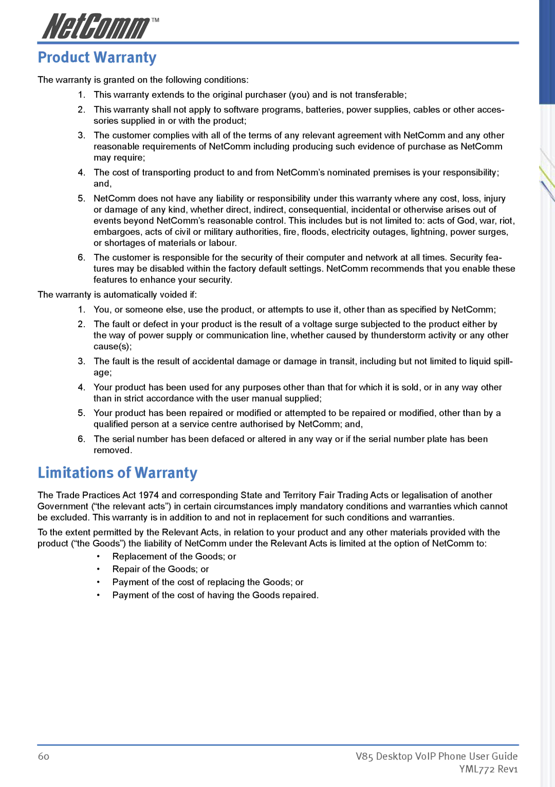 NetComm V85 manual Product Warranty, Limitations of Warranty 