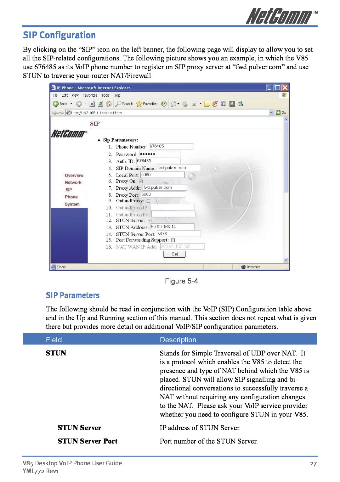 NetComm V85 manual SIP Configuration, SIP Parameters, Field, Description, Stun, STUN Server Port 