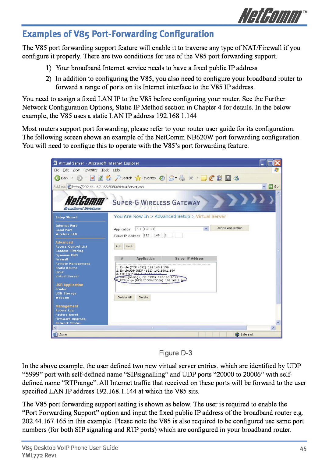 NetComm manual Examples of V85 Port-Forwarding Configuration, Figure D-3 