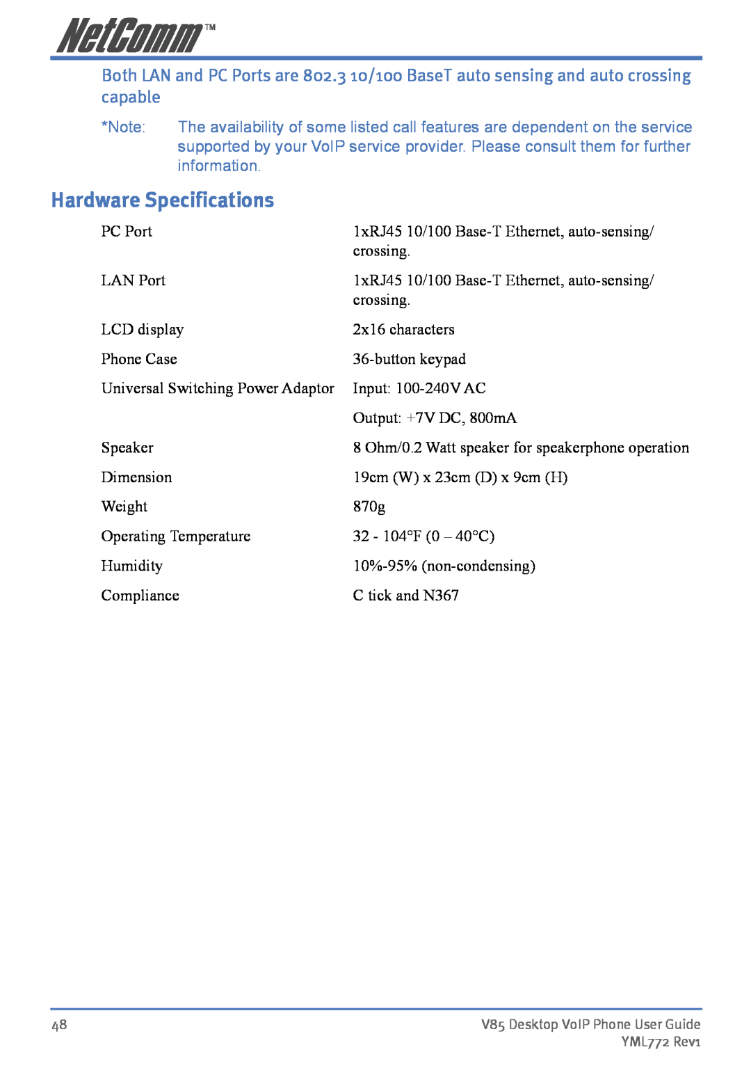 NetComm V85 manual Hardware Specifications, information 