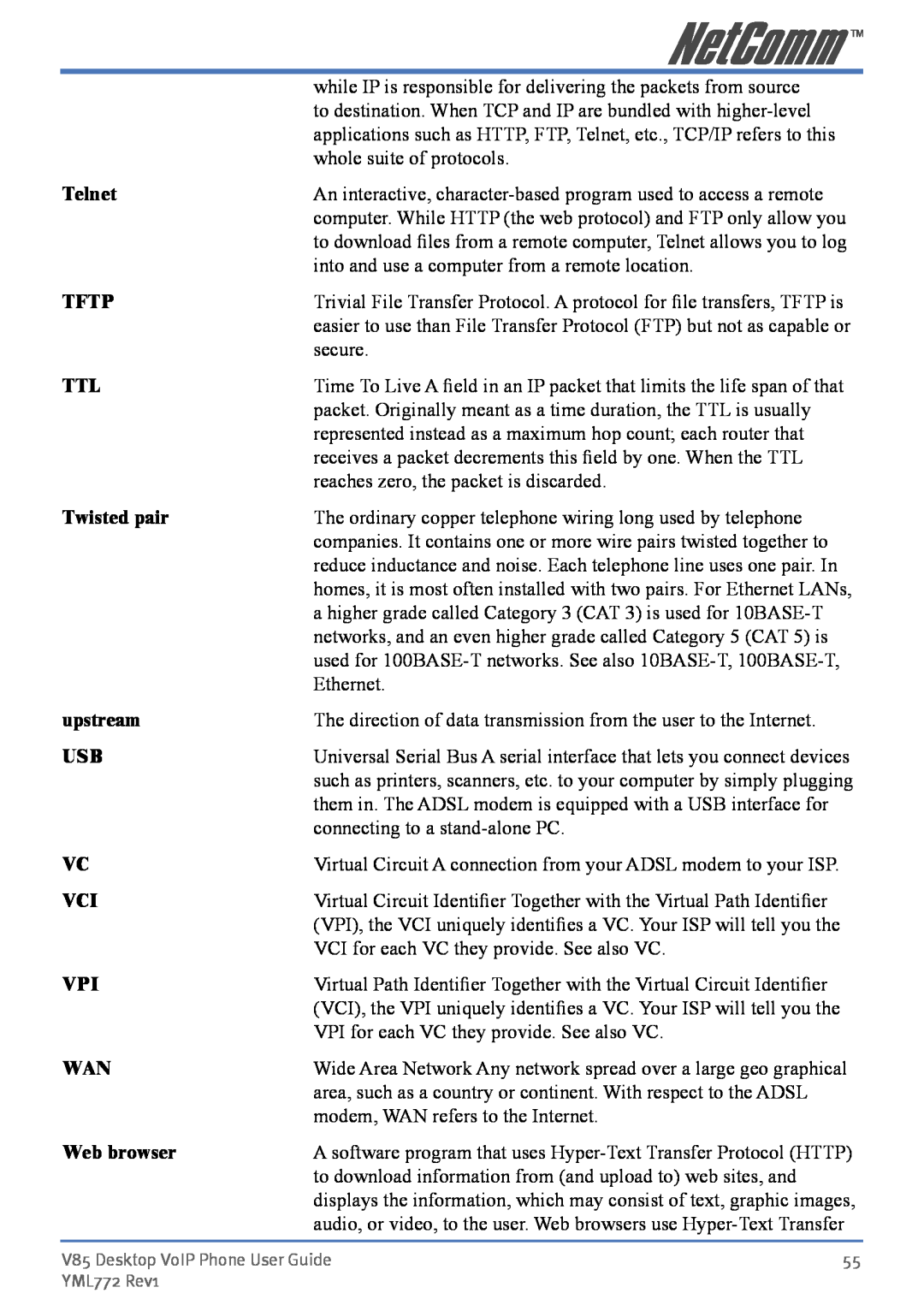 NetComm V85 manual Telnet, Tftp, Twisted pair, upstream, Web browser 