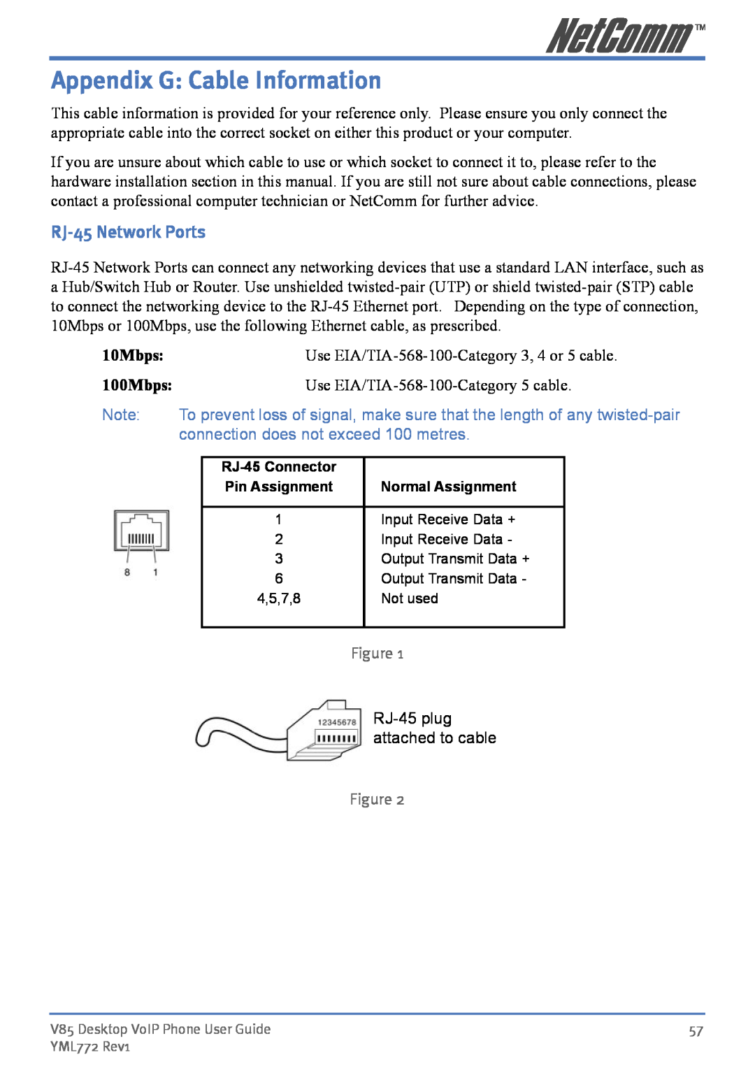 NetComm V85 manual Appendix G Cable Information, RJ-45 Network Ports, 10Mbps, 100Mbps 