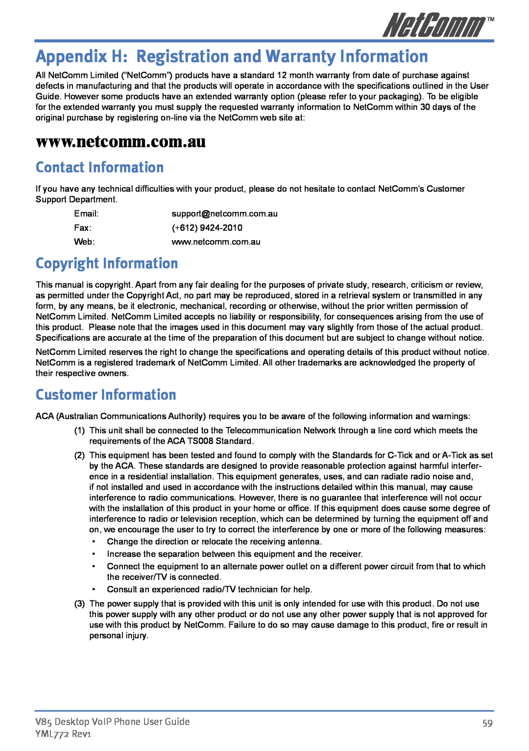 NetComm V85 Appendix H Registration and Warranty Information, Contact Information, Copyright Information, YML772 Rev1 