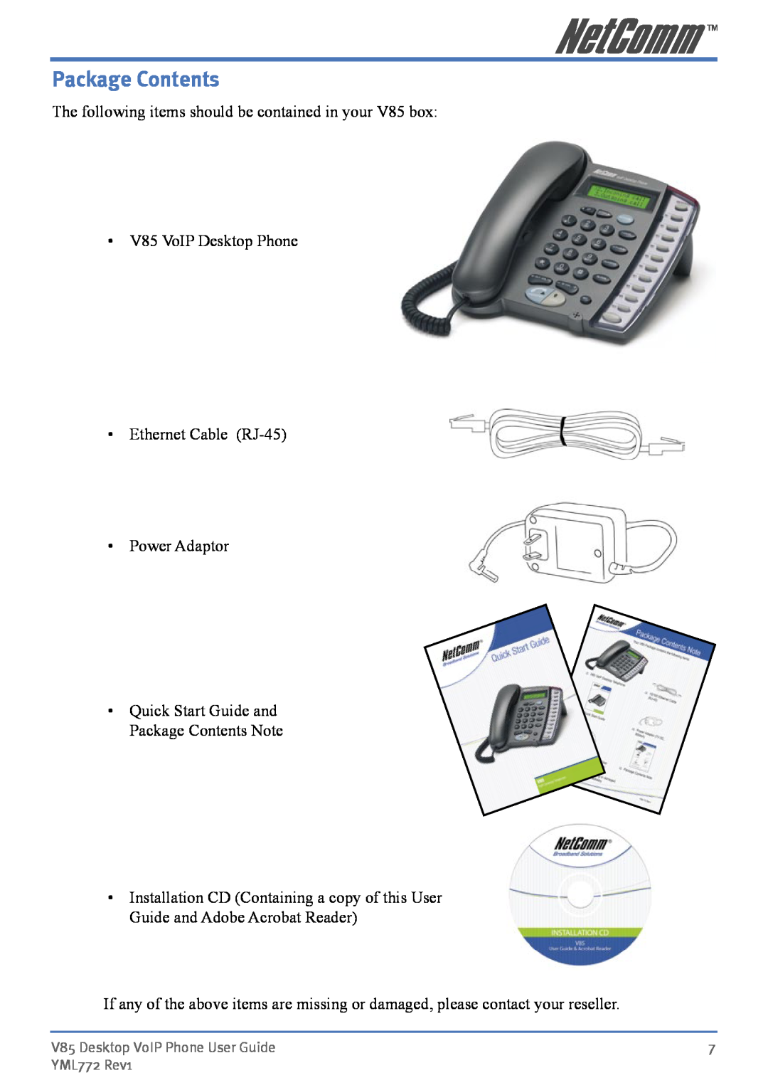 NetComm Package Contents, The following items should be contained in your V85 box, V85 Desktop VoIP Phone User Guide 