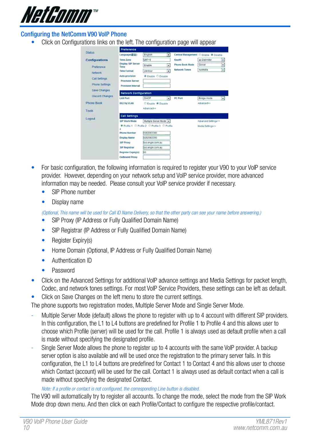 NetComm manual Configuring the NetComm V90 VoIP Phone, SIP Phone number Display name 