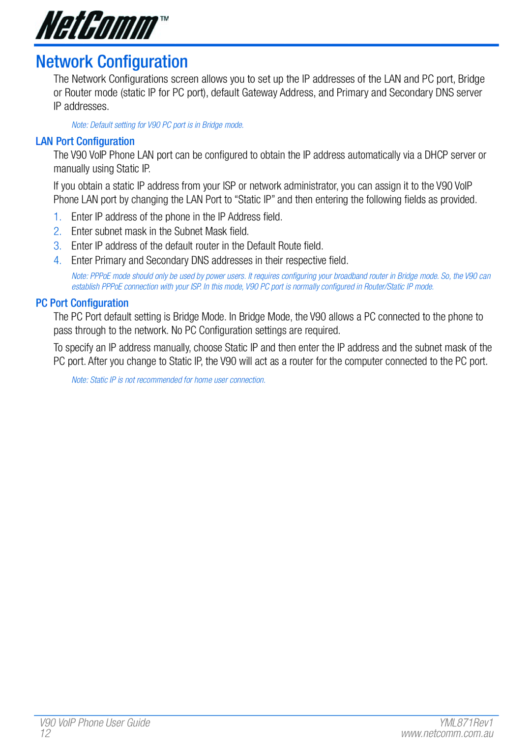 NetComm V90 manual Network Configuration, LAN Port Configuration, PC Port Configuration 