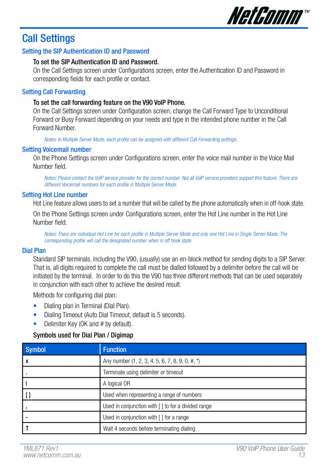 NetComm V90 manual Call Settings 