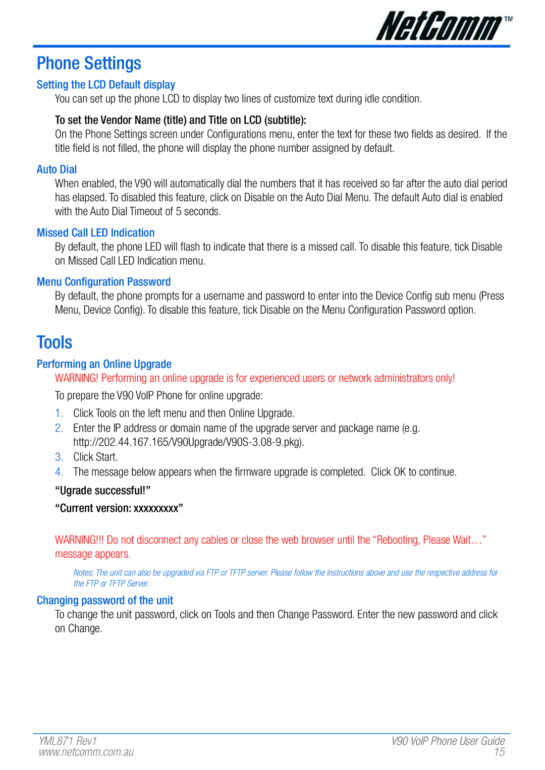 NetComm V90 manual Phone Settings, Tools 