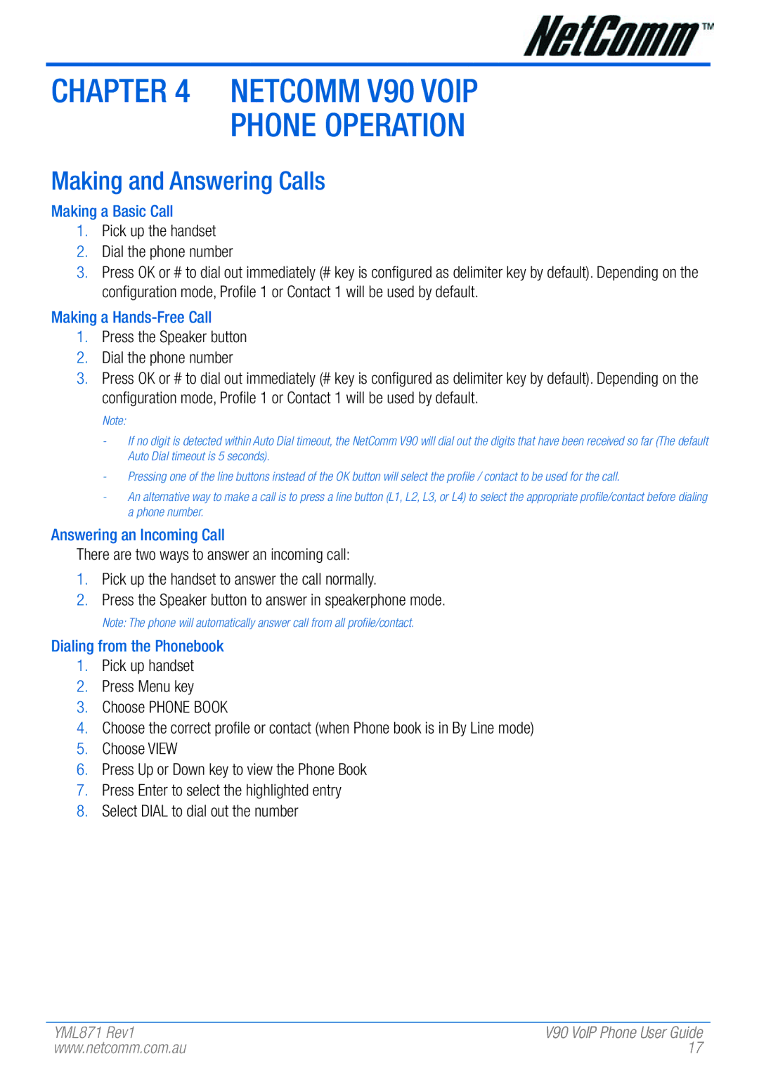 NetComm manual NetComm V90 VoIP Phone Operation, Making and Answering Calls 