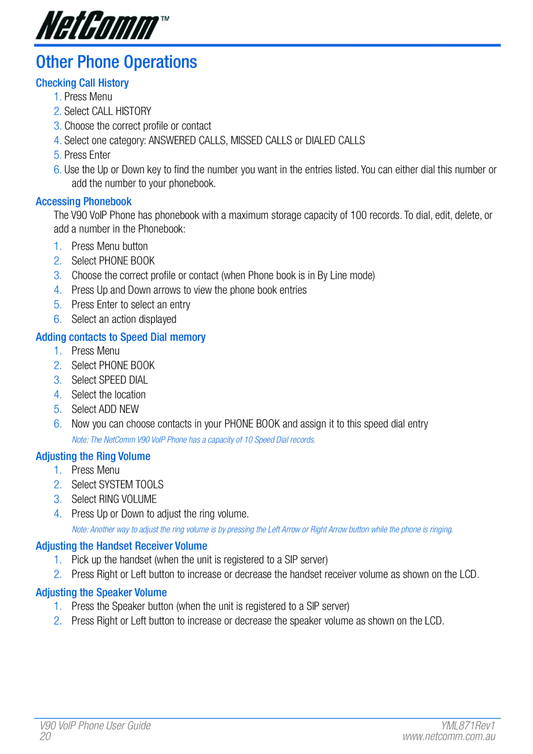 NetComm V90 manual Other Phone Operations 