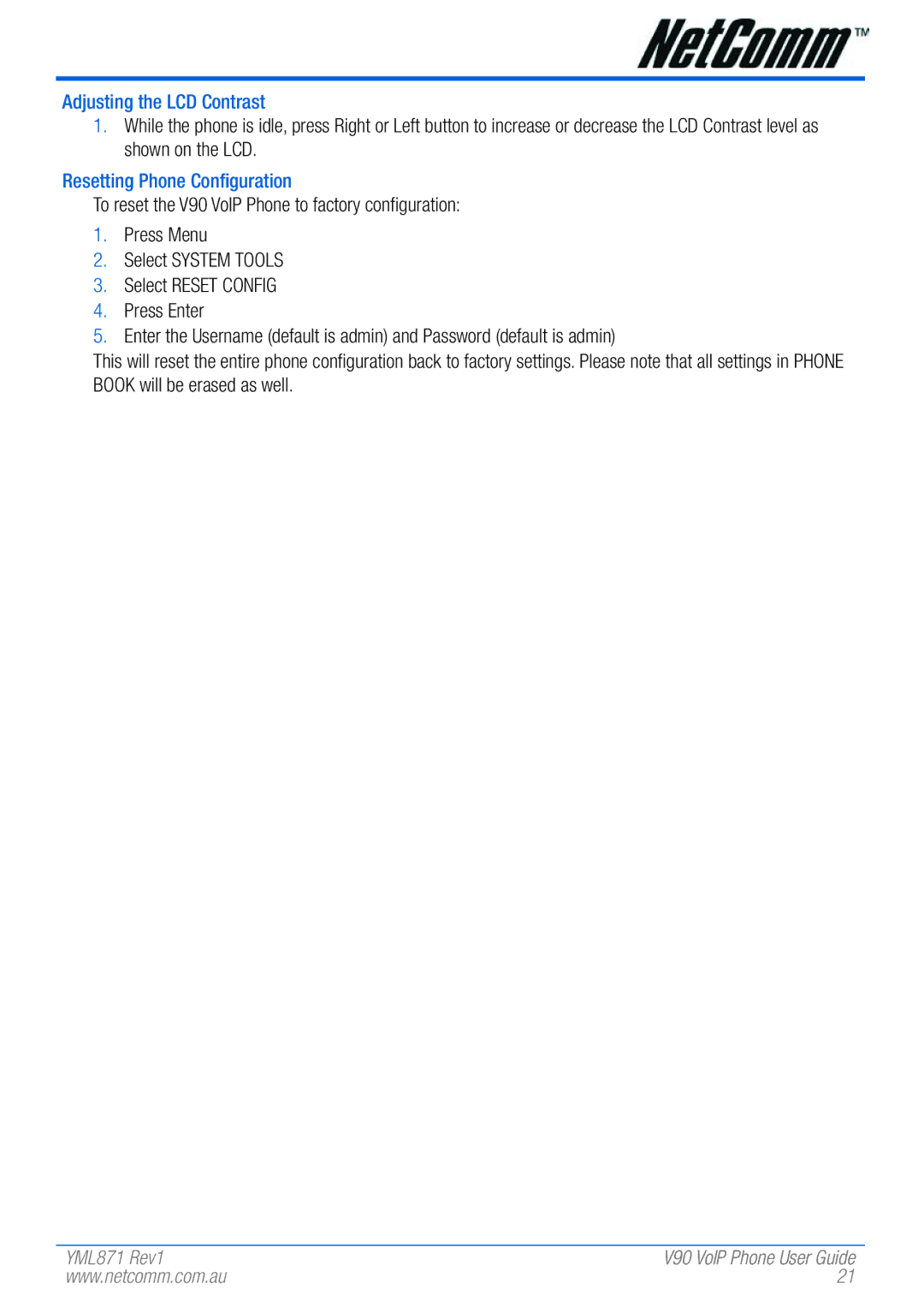 NetComm V90 manual Adjusting the LCD Contrast, Resetting Phone Configuration 