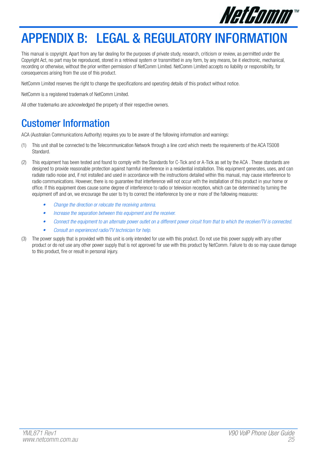 NetComm V90 manual Appendix B Legal & Regulatory Information, Customer Information 