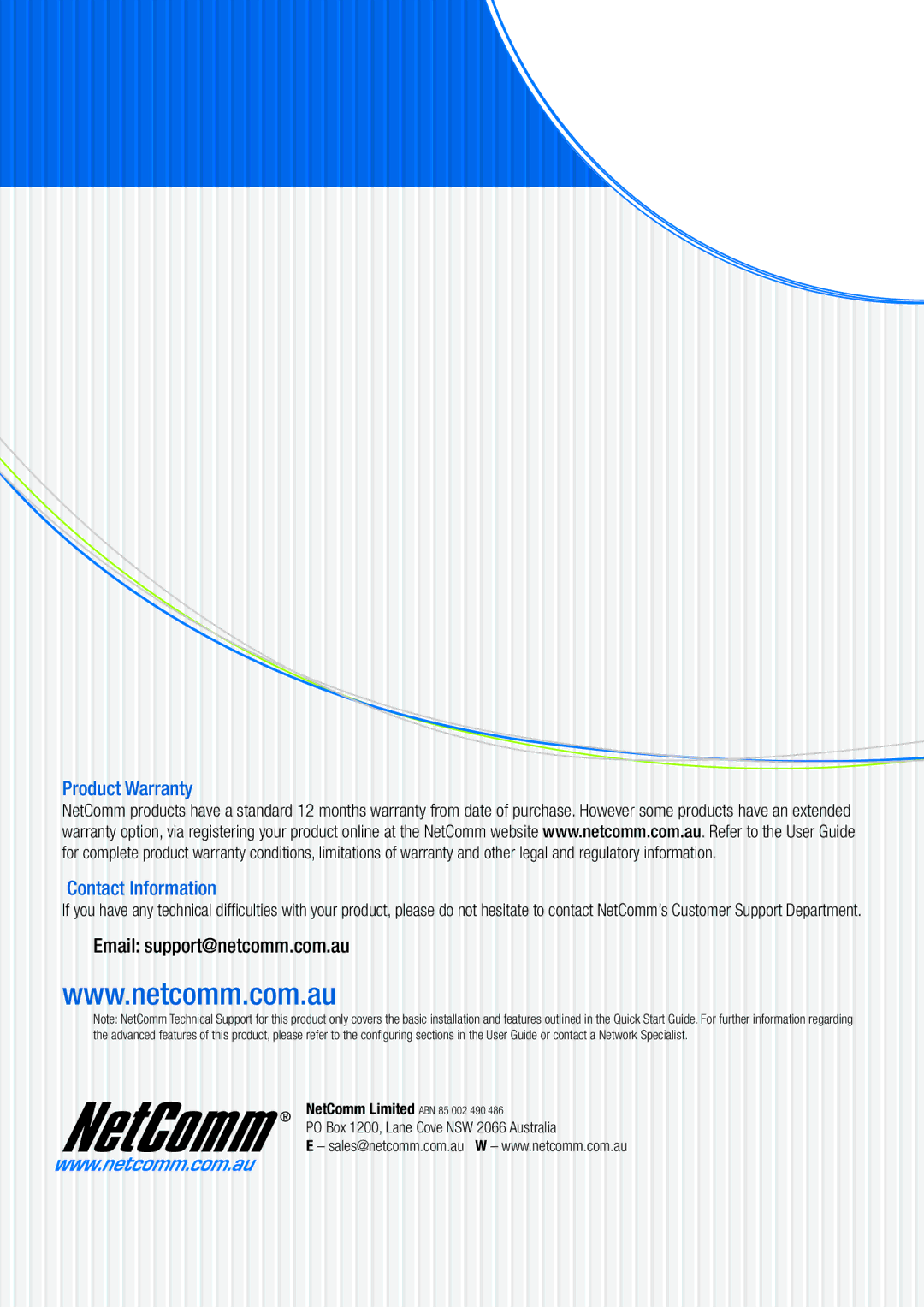 NetComm V90 manual Product Warranty Contact Information, Email support@netcomm.com.au 