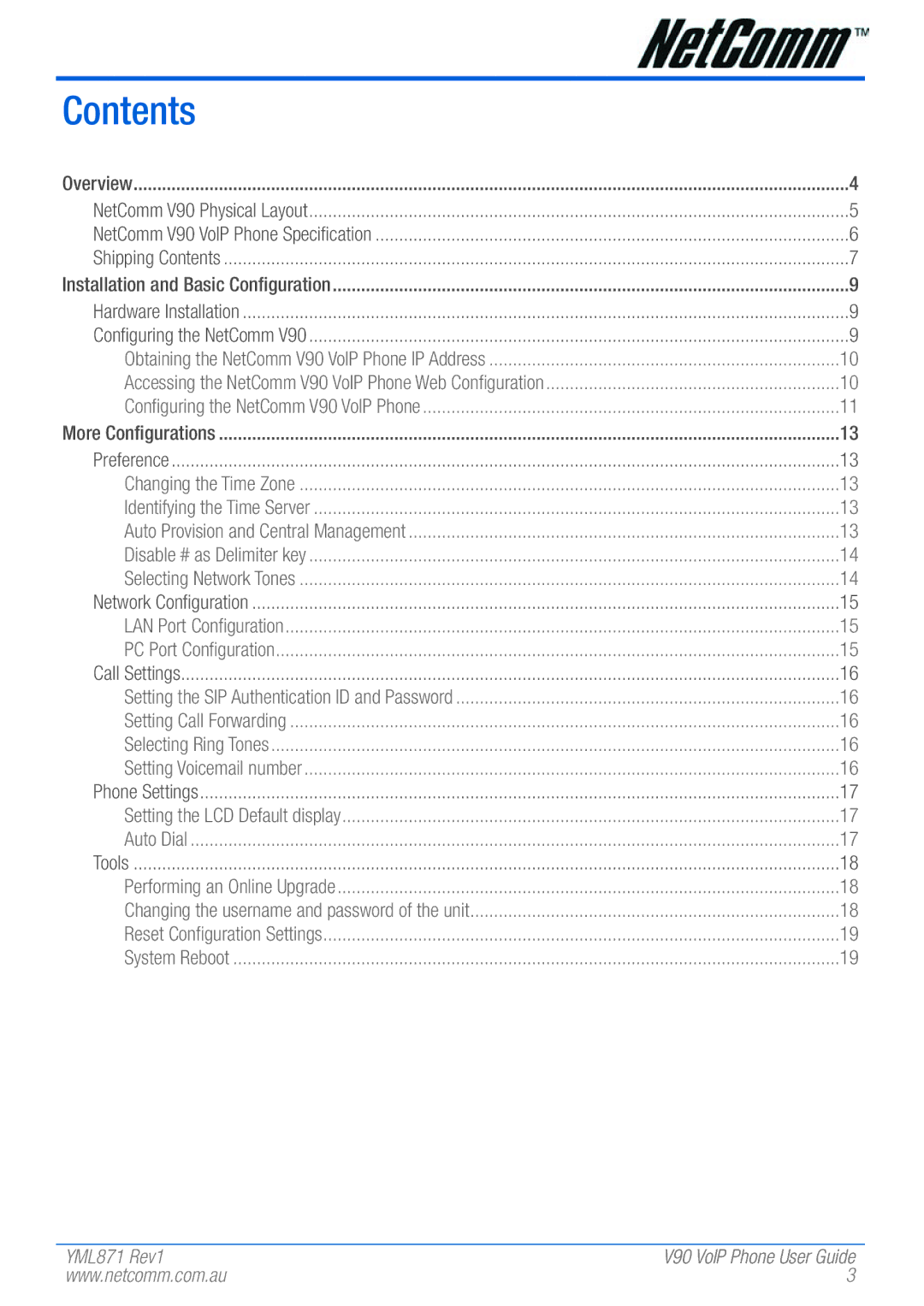 NetComm V90 manual Contents 