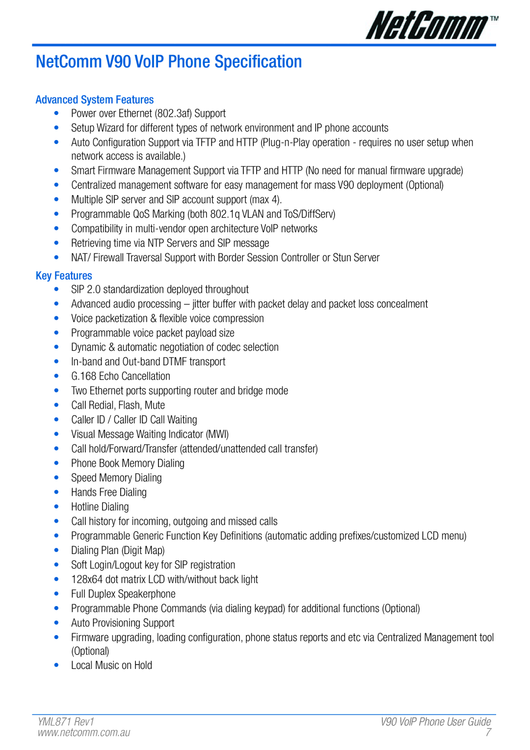 NetComm manual NetComm V90 VoIP Phone Specification, Advanced System Features, Key Features 