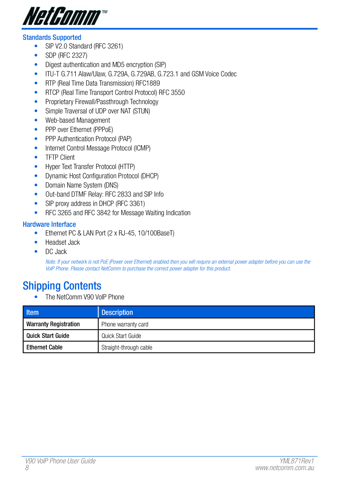 NetComm V90 manual Shipping Contents 