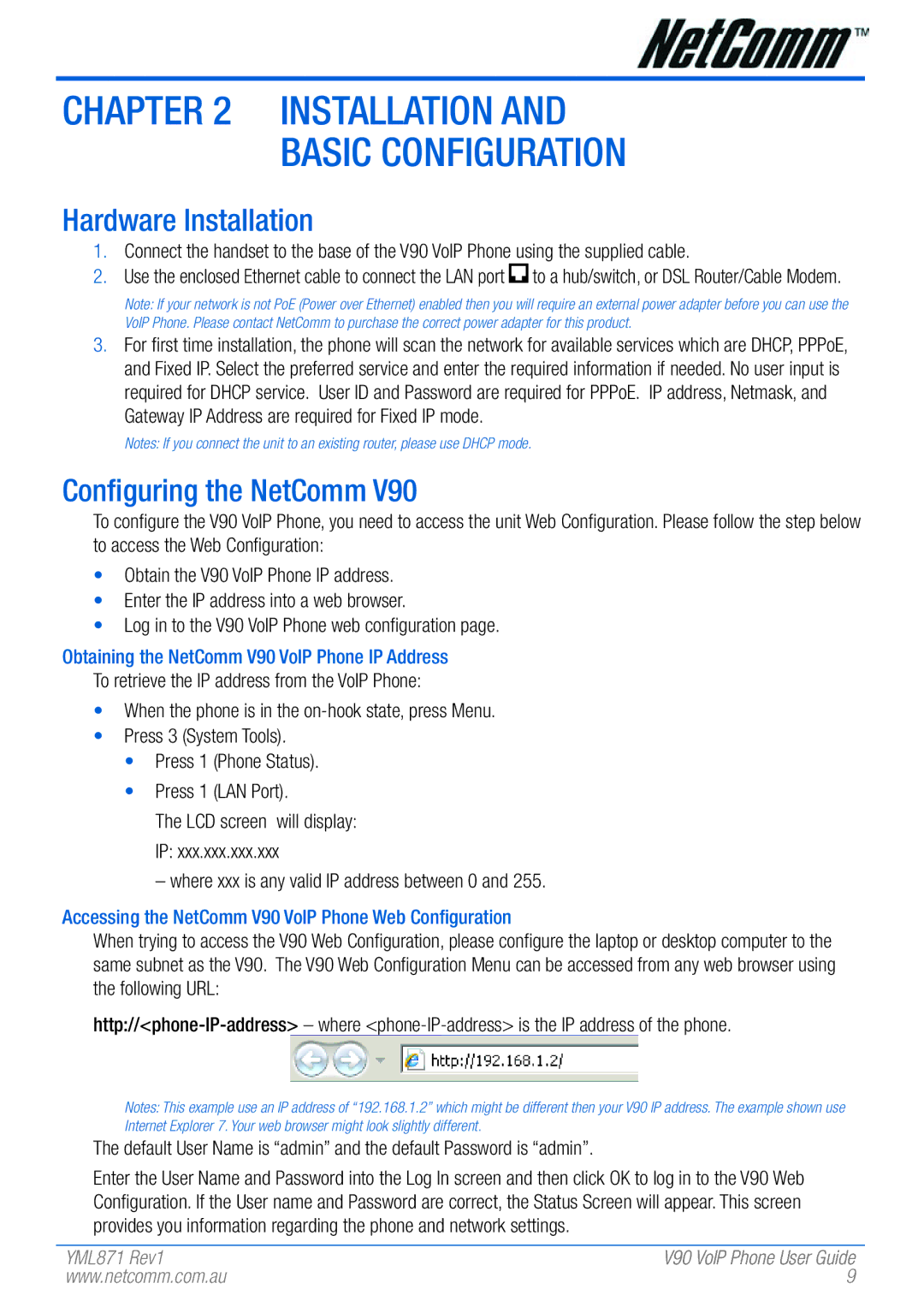 NetComm V90 manual Installation Basic Configuration, Hardware Installation, Configuring the NetComm 