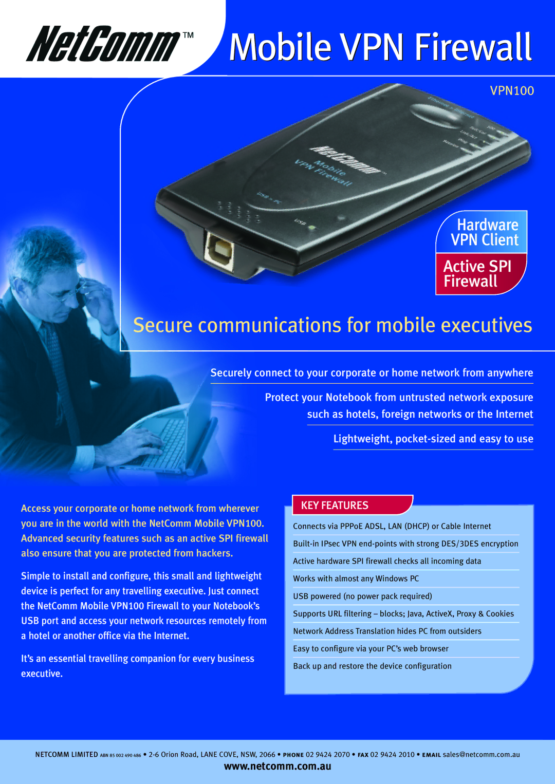 NetComm VPN100 manual Secure communications for mobile executives, KEY Features 