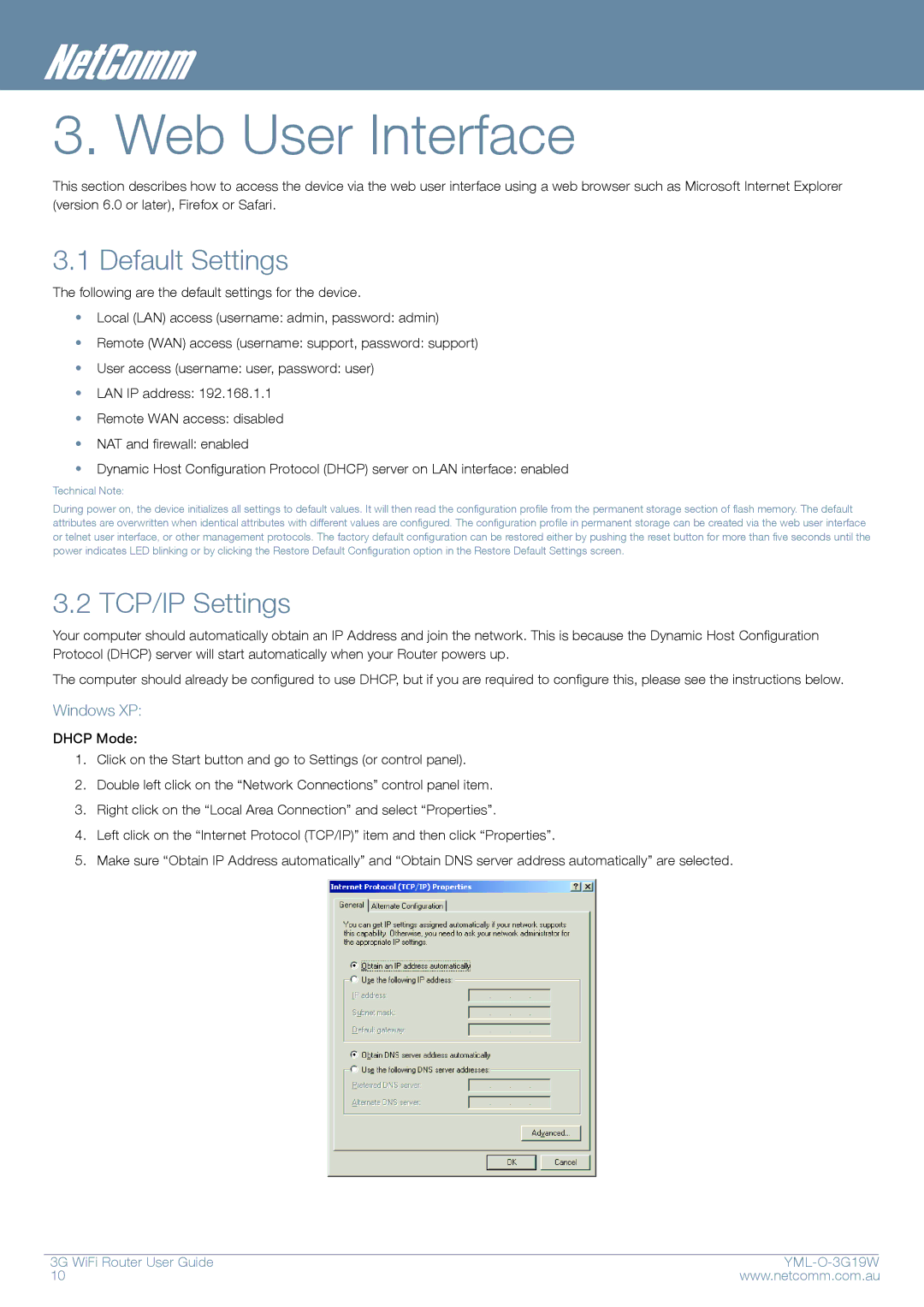 NetComm YML-O-3G19W manual Web User Interface, Default Settings, TCP/IP Settings, Windows XP 