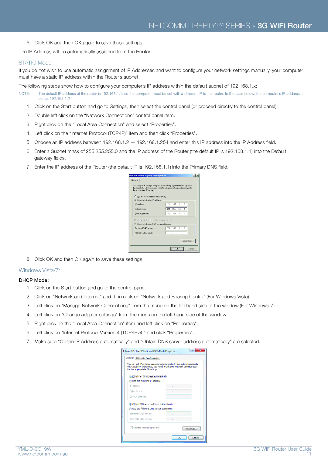 NetComm YML-O-3G19W manual Static Mode, Windows Vista/7 