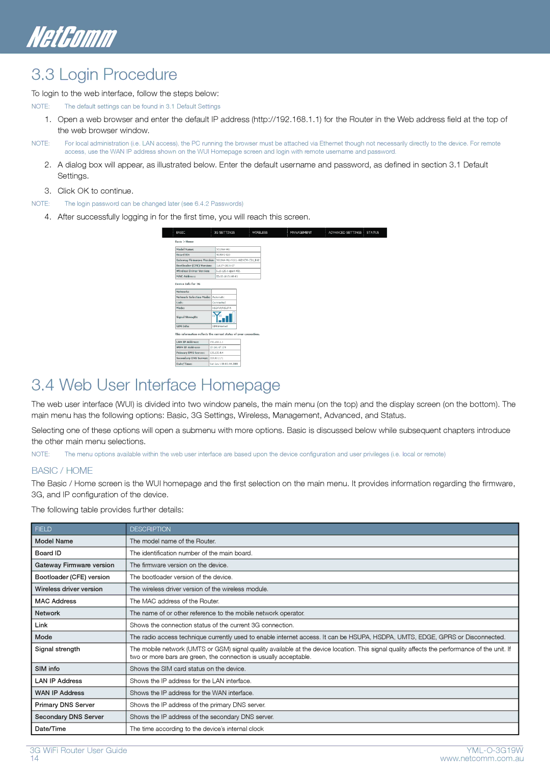 NetComm YML-O-3G19W manual Login Procedure, Web User Interface Homepage 