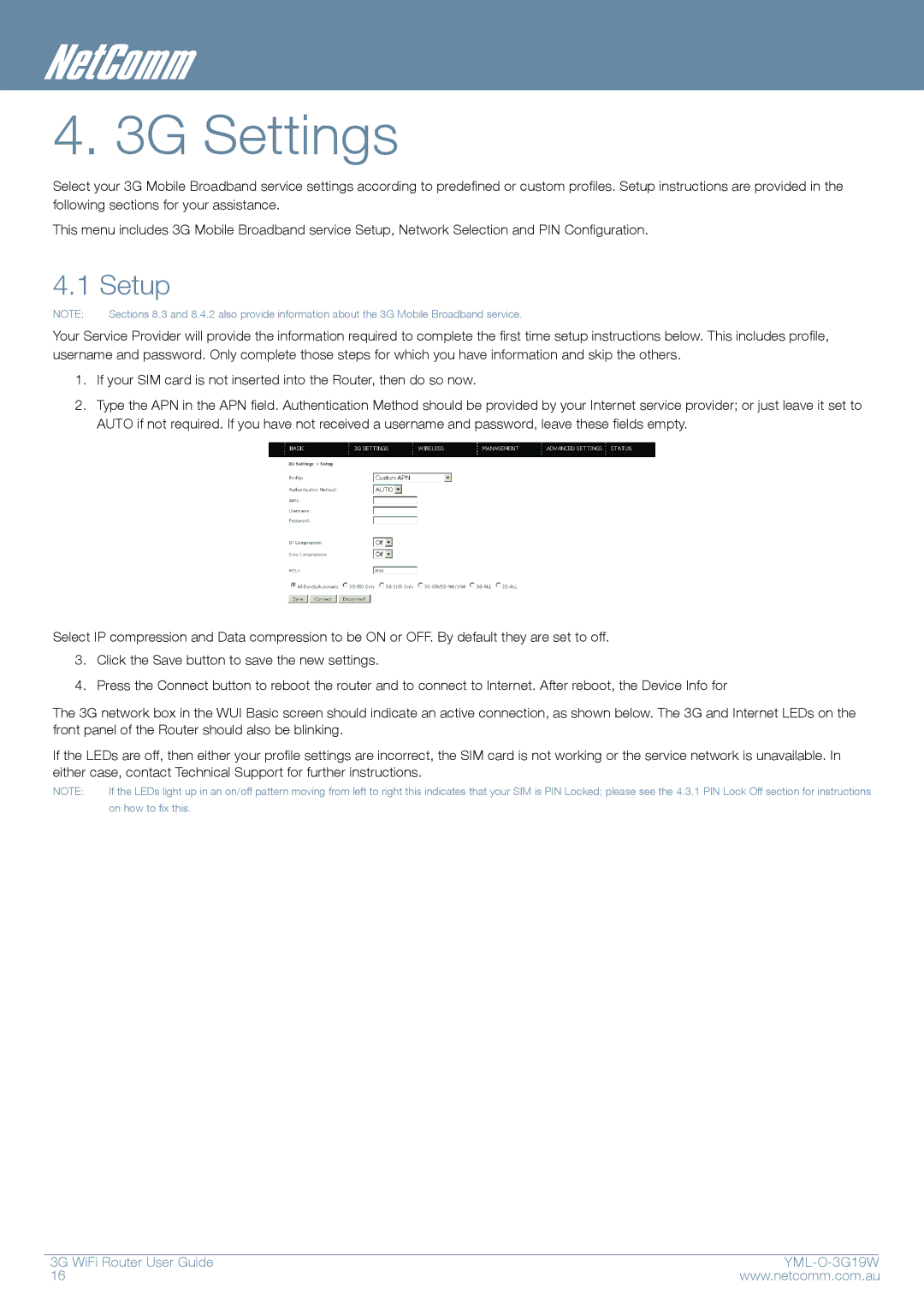 NetComm YML-O-3G19W manual 3G Settings, Setup 