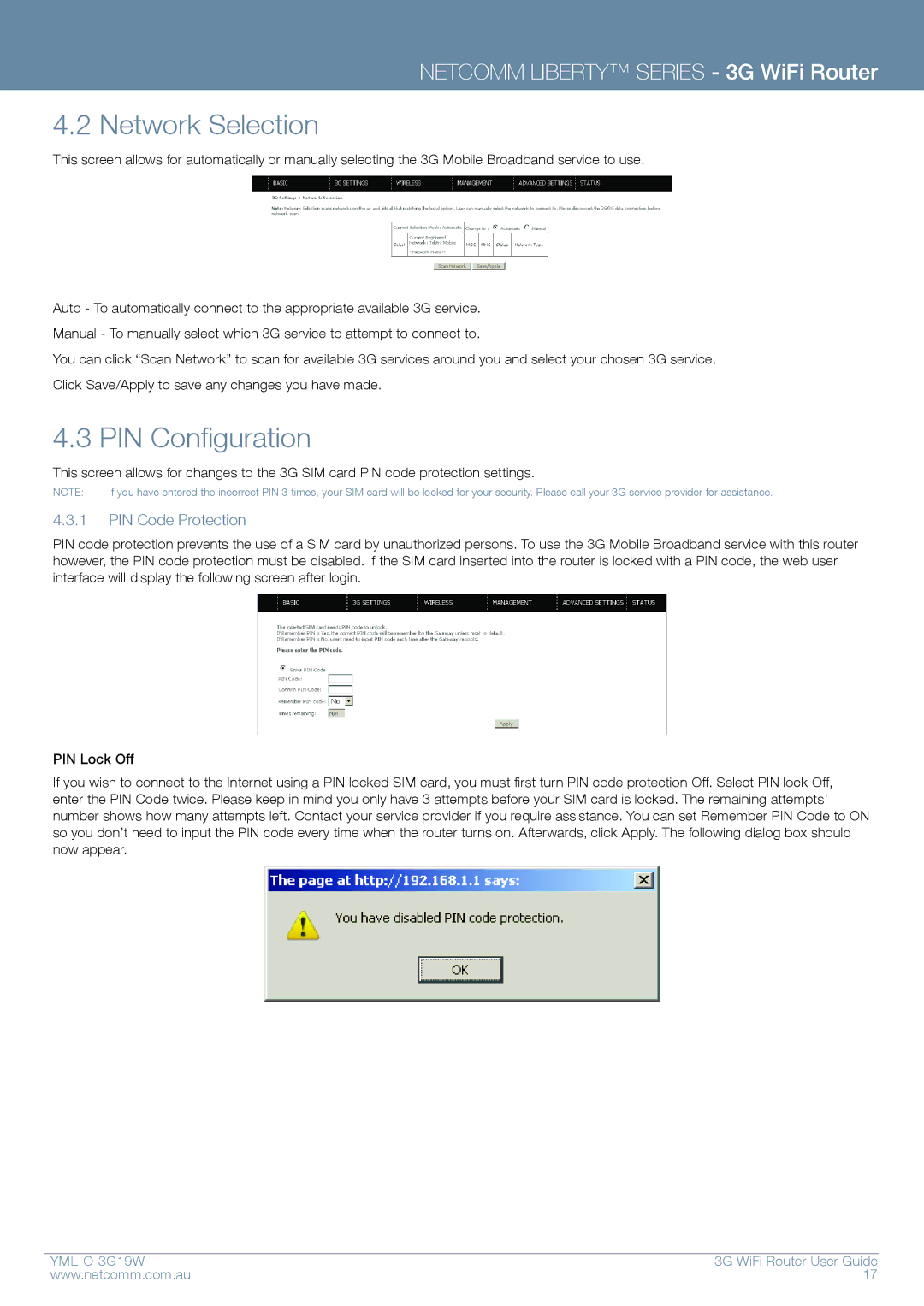 NetComm YML-O-3G19W manual Network Selection, PIN Configuration, PIN Code Protection 