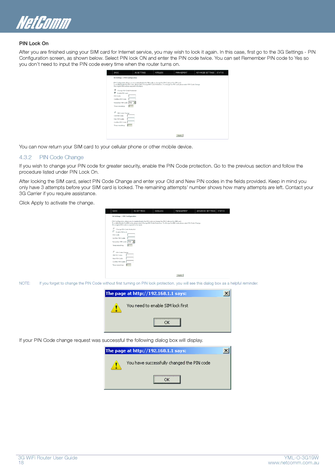 NetComm YML-O-3G19W manual PIN Code Change 