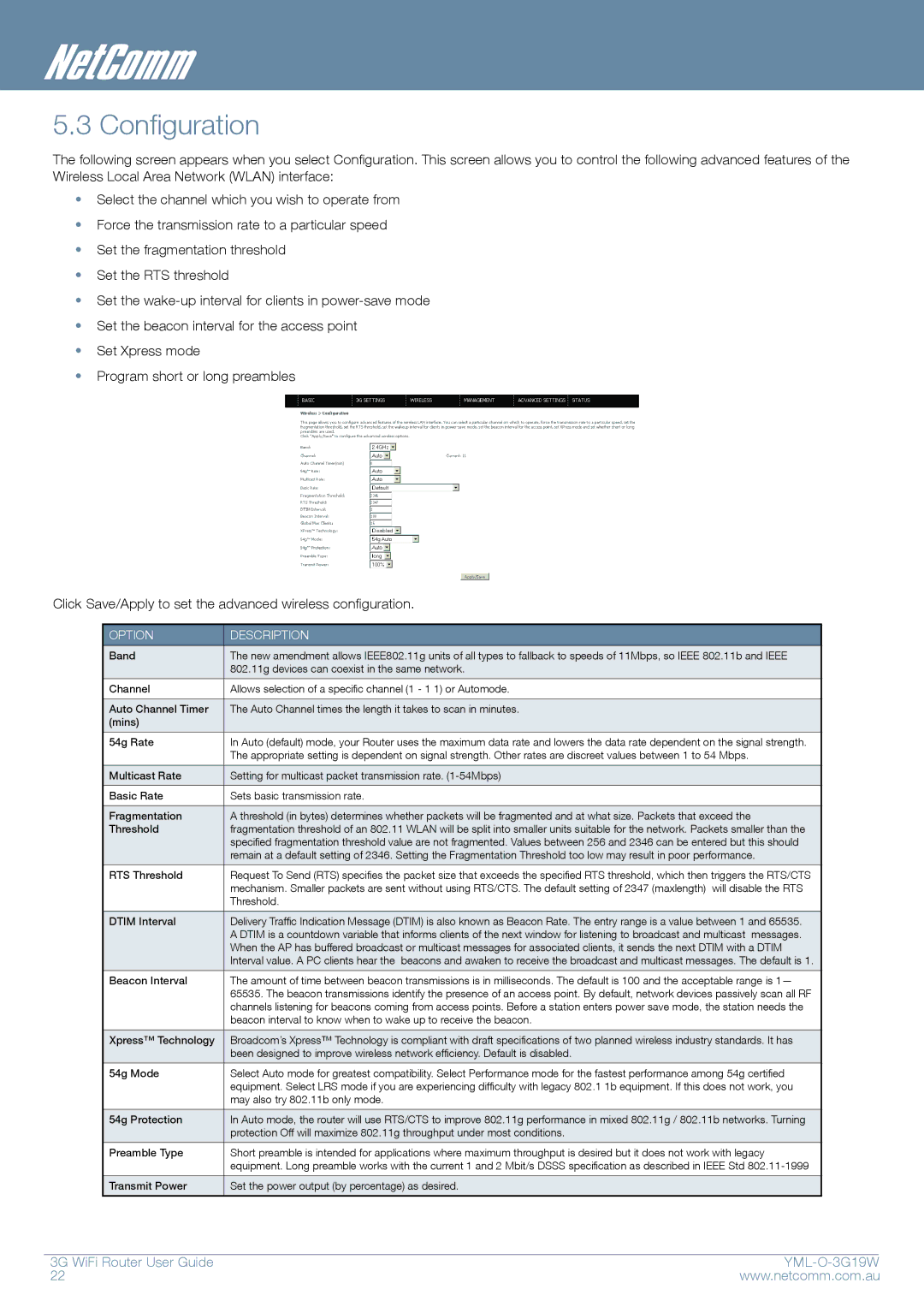 NetComm YML-O-3G19W manual Configuration, RTS Threshold 